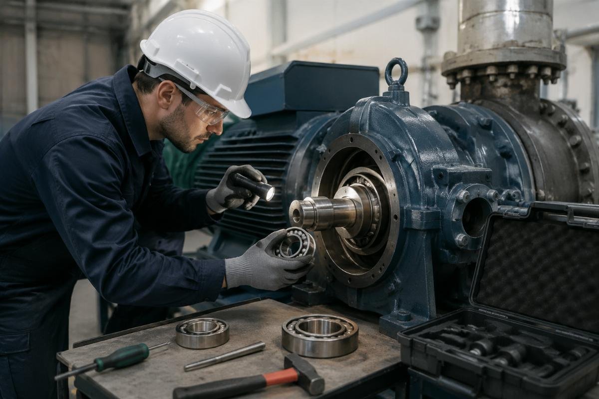 10-minute on-site bearing failure diagnosis Technician performing on-site bearing inspection with basic hand tools
