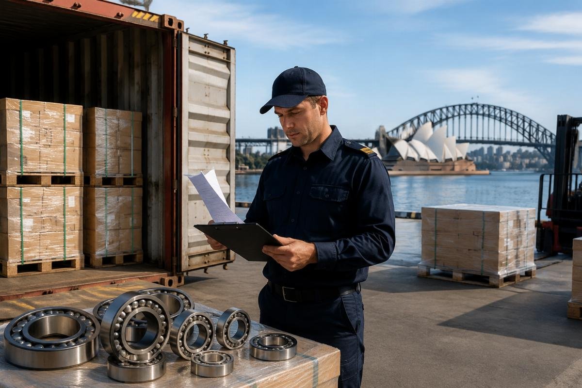 ANZ bearing import clearance process A customs agent reviewing bearing shipment documentation next to a container loading dock in Sydney