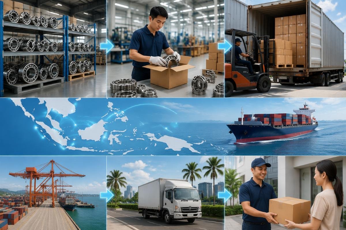 Bearing delivery options for Southeast Asian buyers Shipping logistics workflow showing in-stock inventory to end delivery