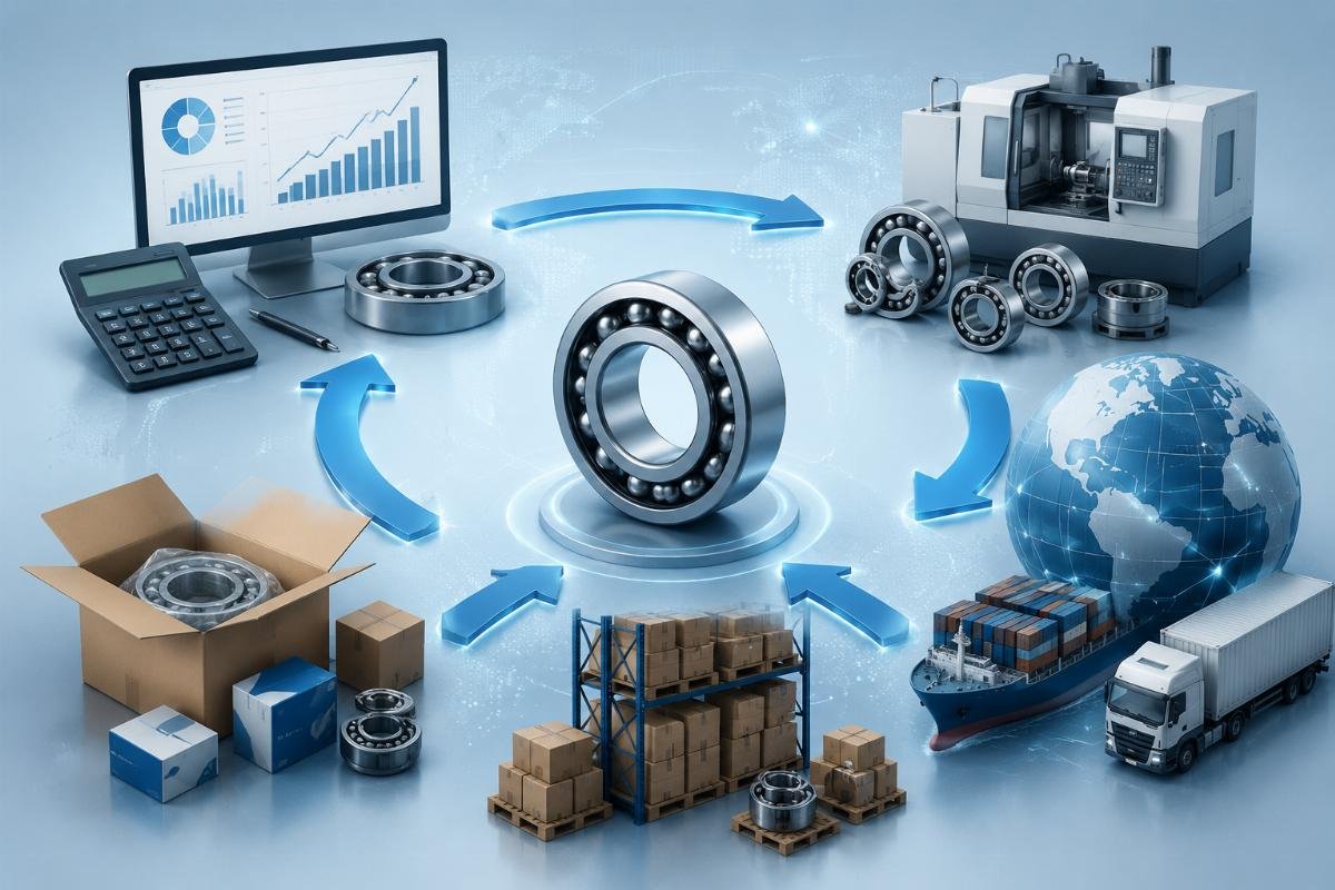 Bearing depreciation and inventory cost management workflow for global buyers Workflow showing bearing cost optimization from depreciation calculation to inventory adjustment