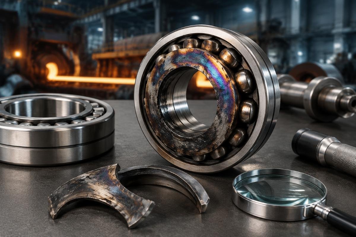 Bearing failure analysis showing heat damage from incorrect clearance class in cross-referenced replacement Steel Mill Bearing Failure Analysis Report