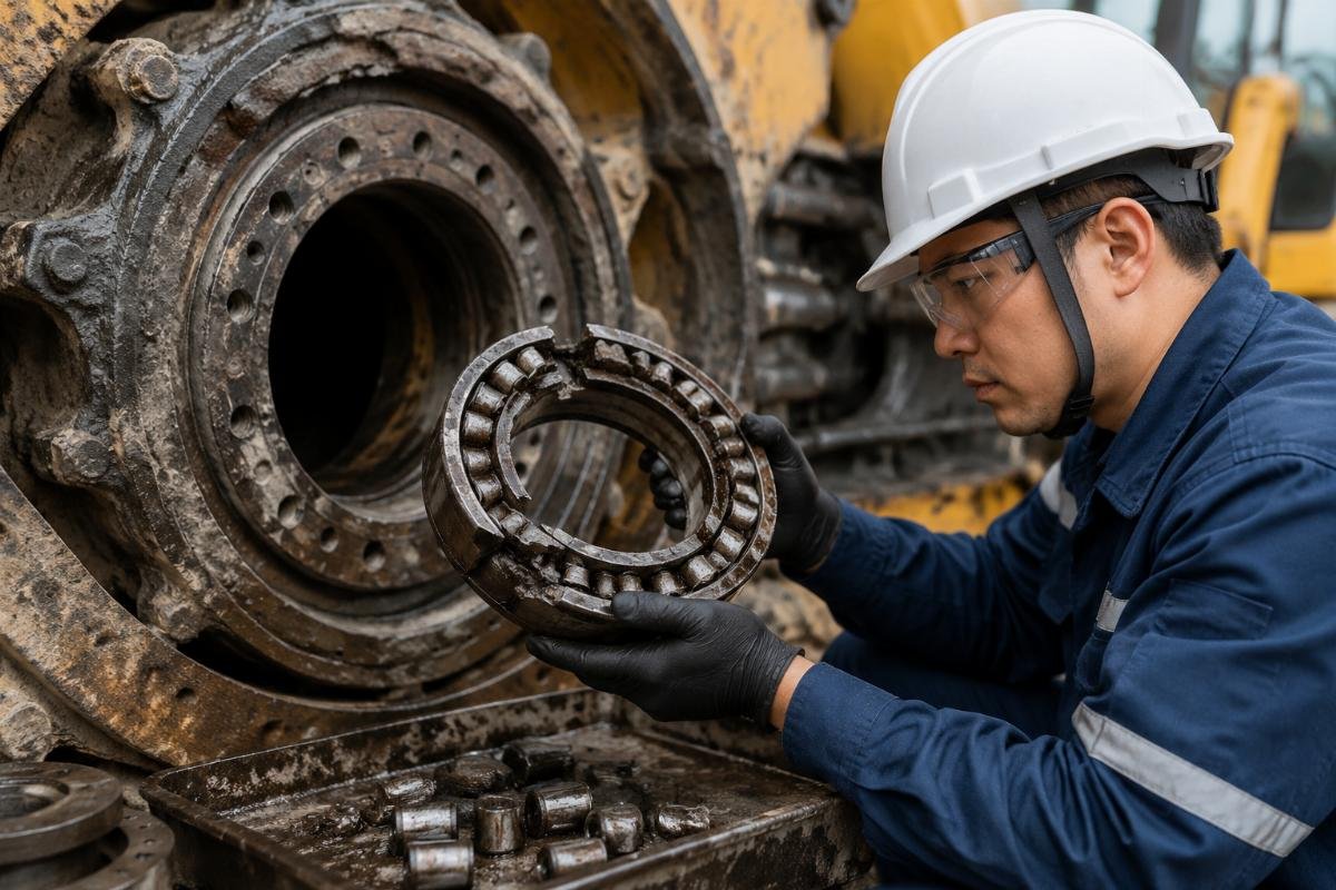 Bearing failure inspection for industrial heavy equipment A technician inspecting a failed spherical roller bearing on a mining equipment component