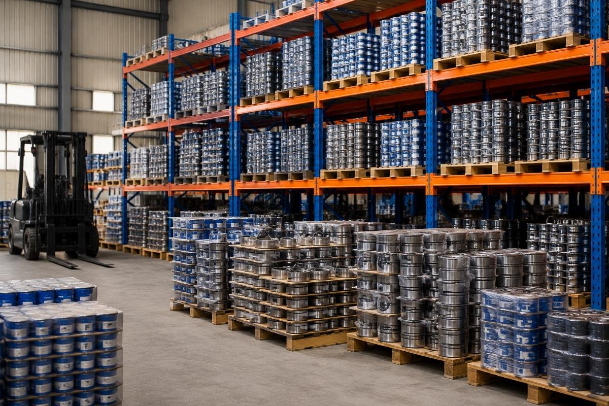 Bearing inventory for Southeast Asian resale stock Stacked bearing SKUs organized in a warehouse storage rack