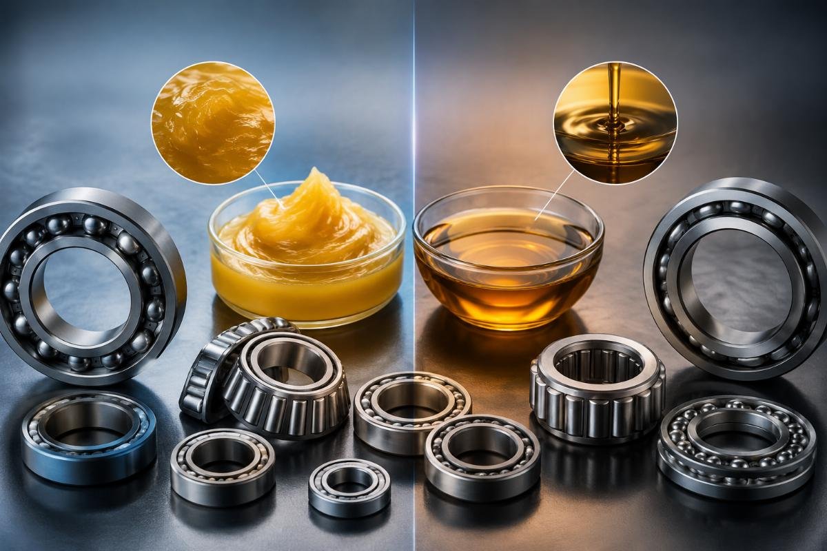 Side-by-side comparison of grease and oil bearing lubricants alongside common industrial and automotive bearing types