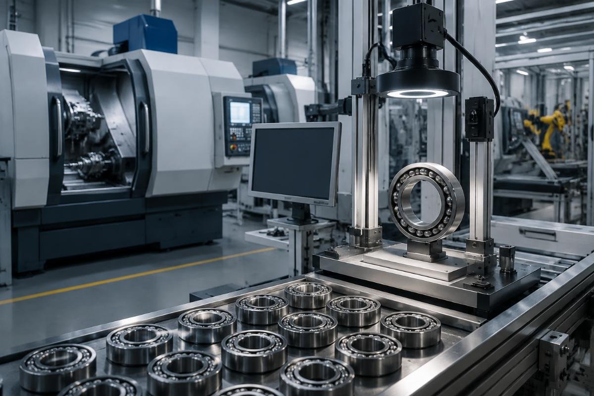 Bearing production facility showing CNC grinding machines and automated inspection systems Quality Control Process in Bearing Manufacturing