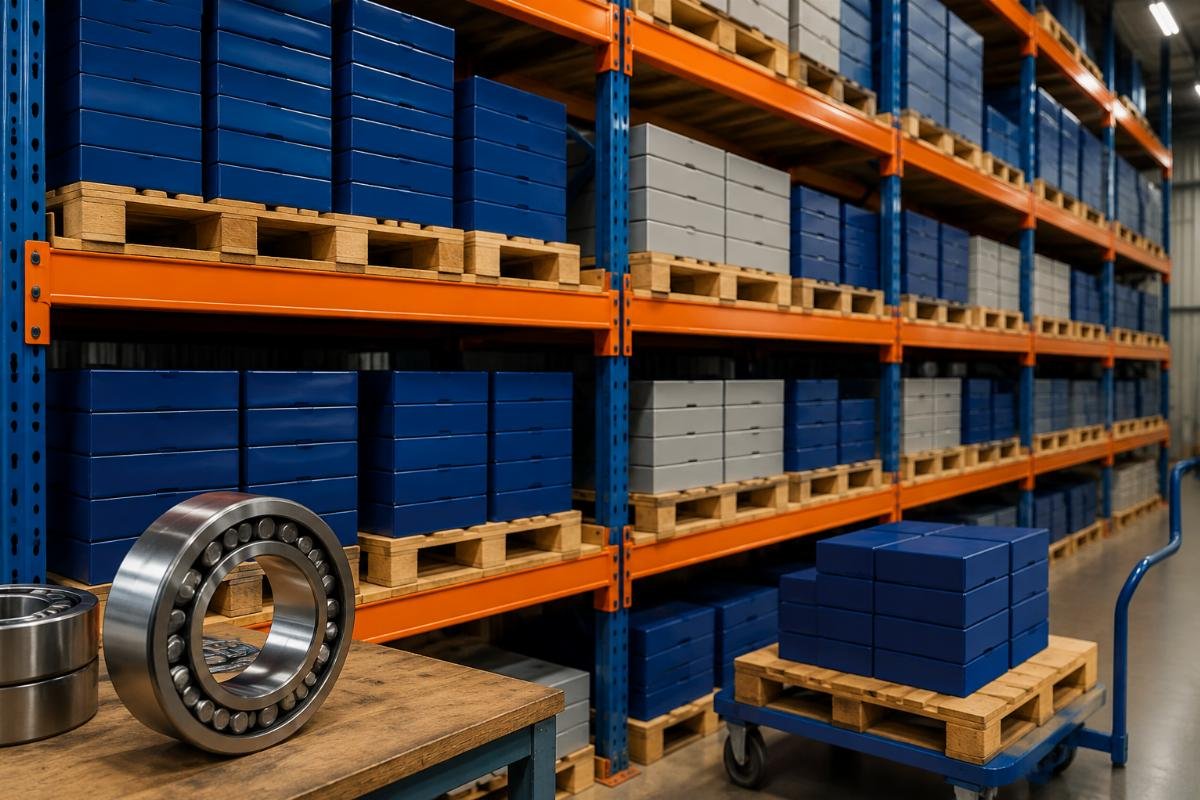 Bulk bearing storage rules for cross-border orders Correctly stacked bearing boxes on industrial warehouse shelves