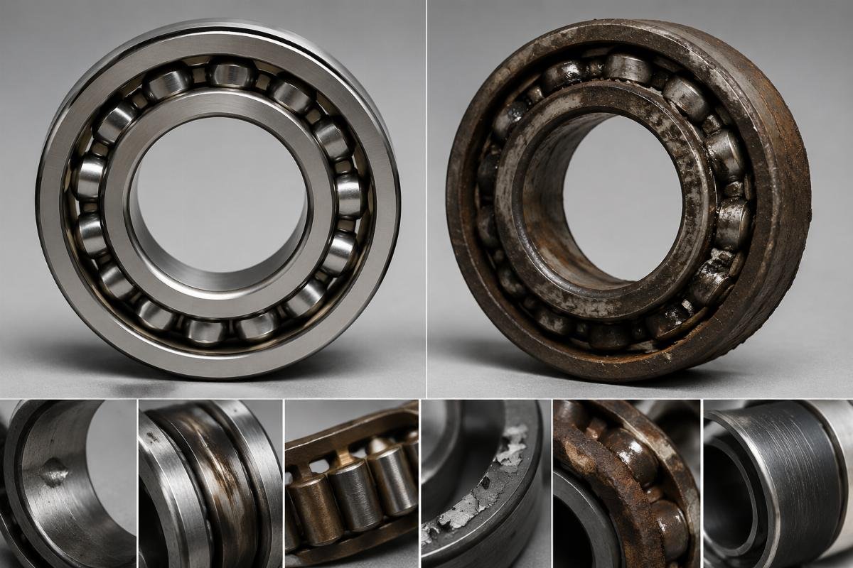 Common bearing failure type identification Side-by-side comparison of a properly lubricated bearing and a contaminated, prematurely worn bearing