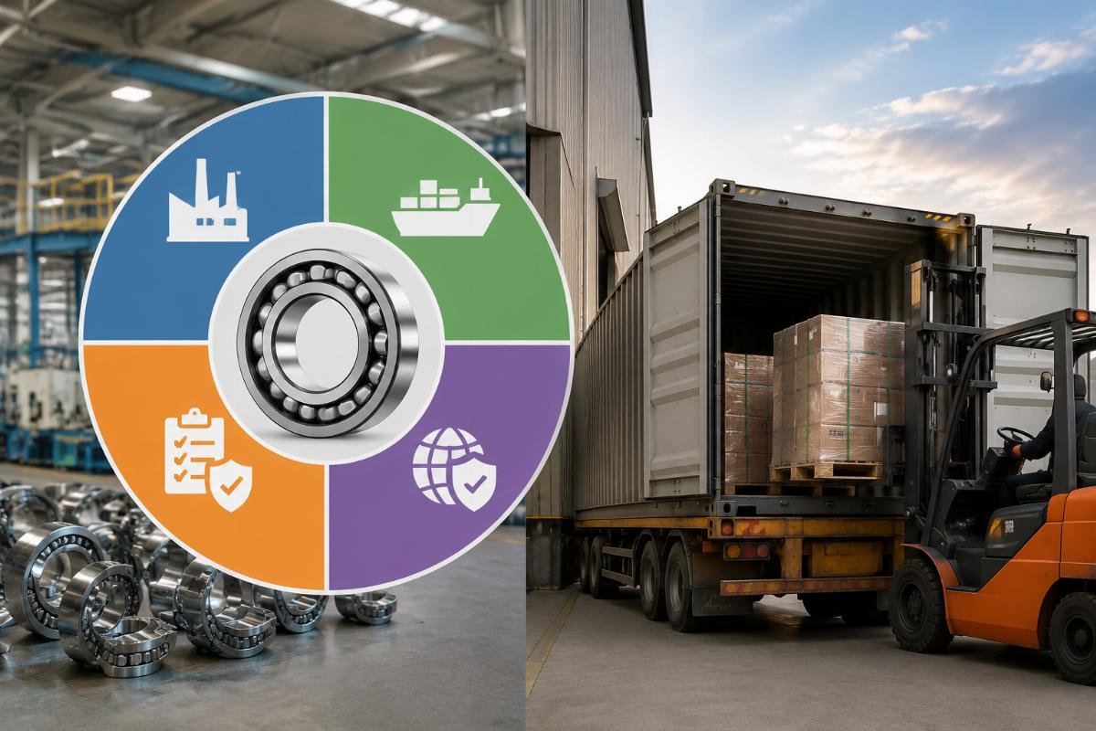 Core components of total landed cost for bearings A breakdown of four core components of bearing total landed cost next to a shipping container loading bearings