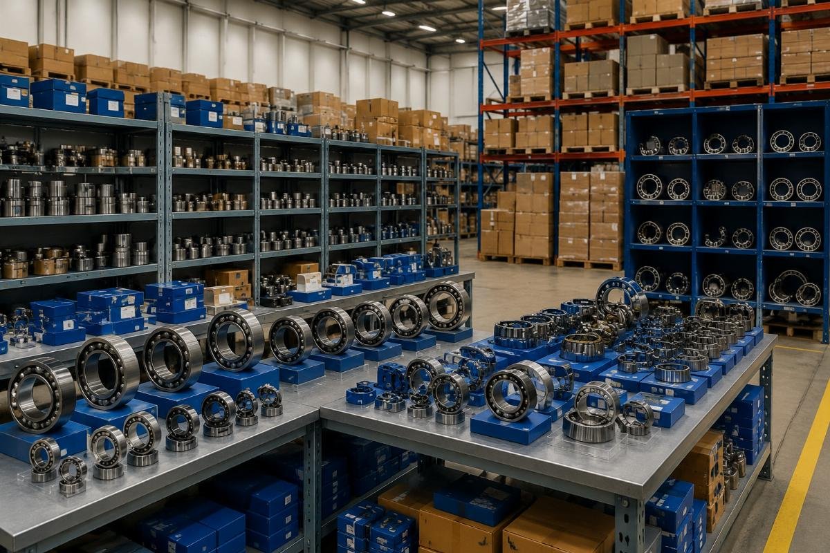 Cost-effective bearing sourcing for global industrial buyers Bearing SKU inventory organized by application category in a supplier warehouse