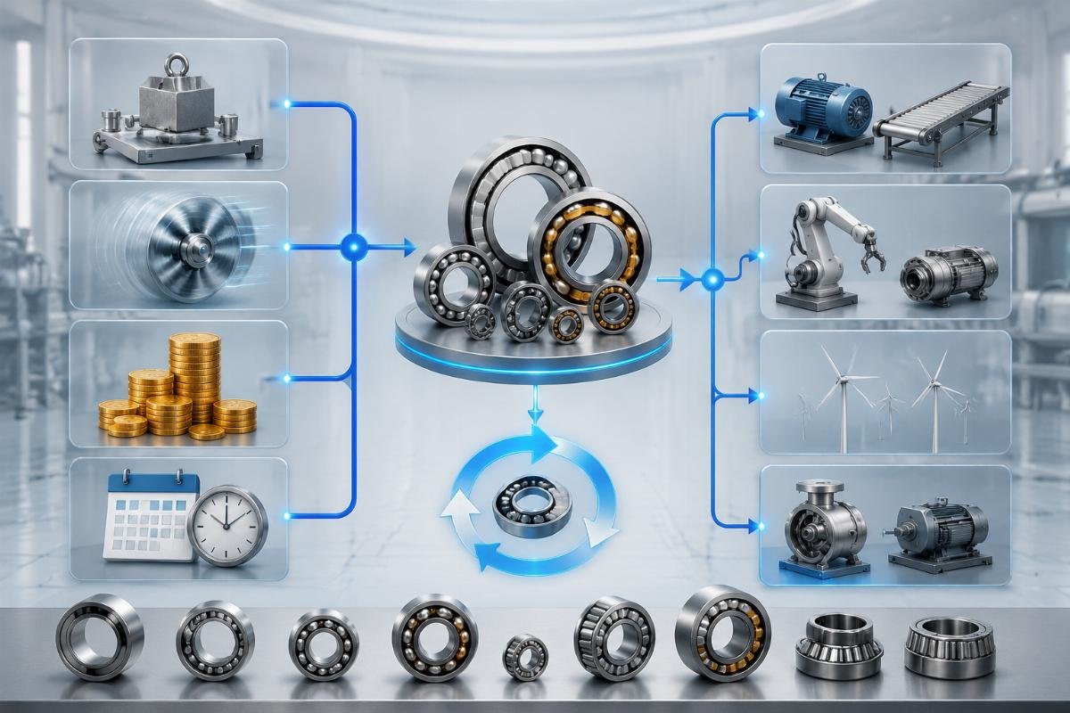 Decision framework showing bearing selection based on load, speed, downtime cost, and replacement cycle Bearing Application Decision Matrix