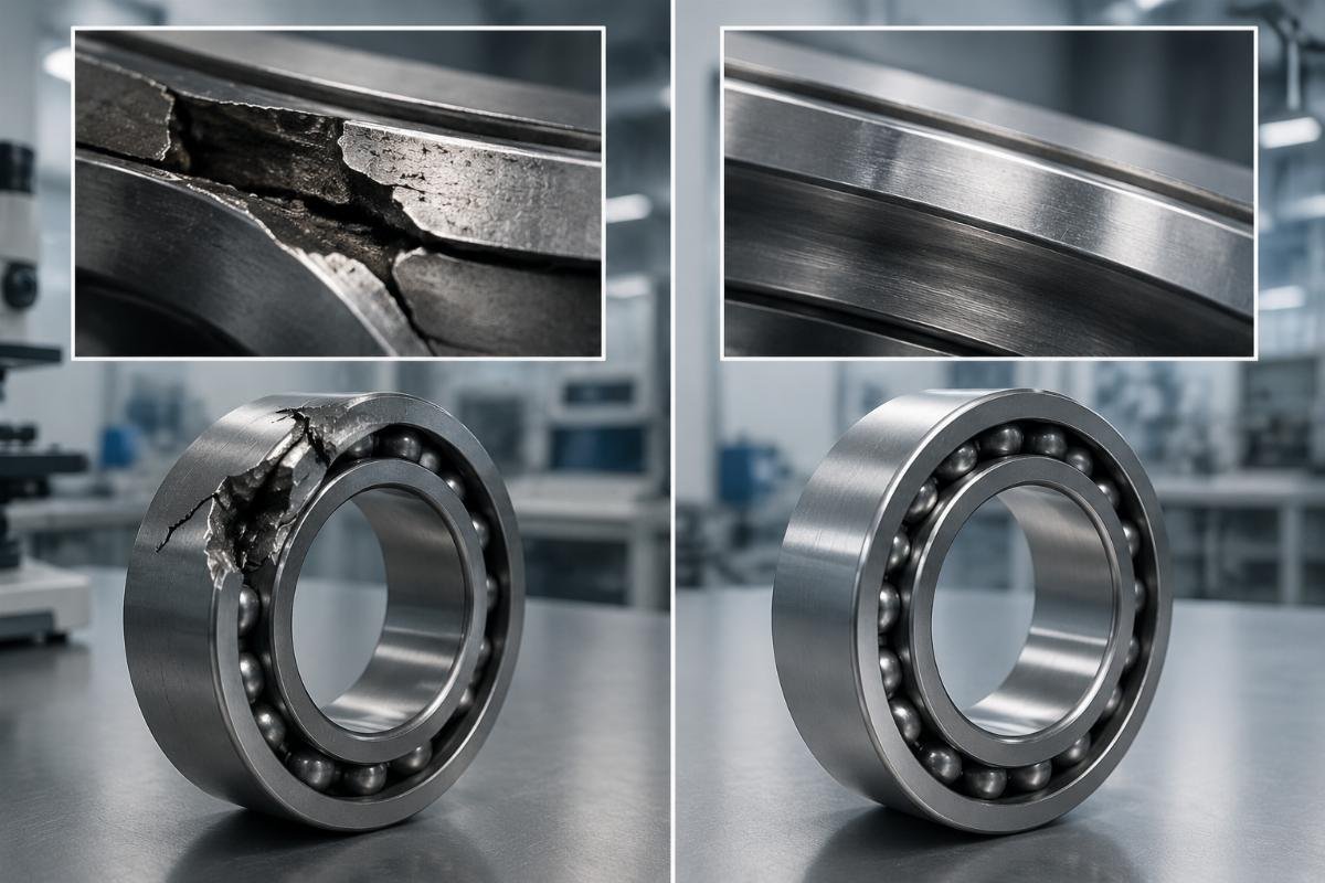 Fractured raceway on counterfeit bearing (left) vs. genuine bearing with proper heat treatment (right) Bearing Failure Analysis Comparison: Counterfeit vs. Genuine