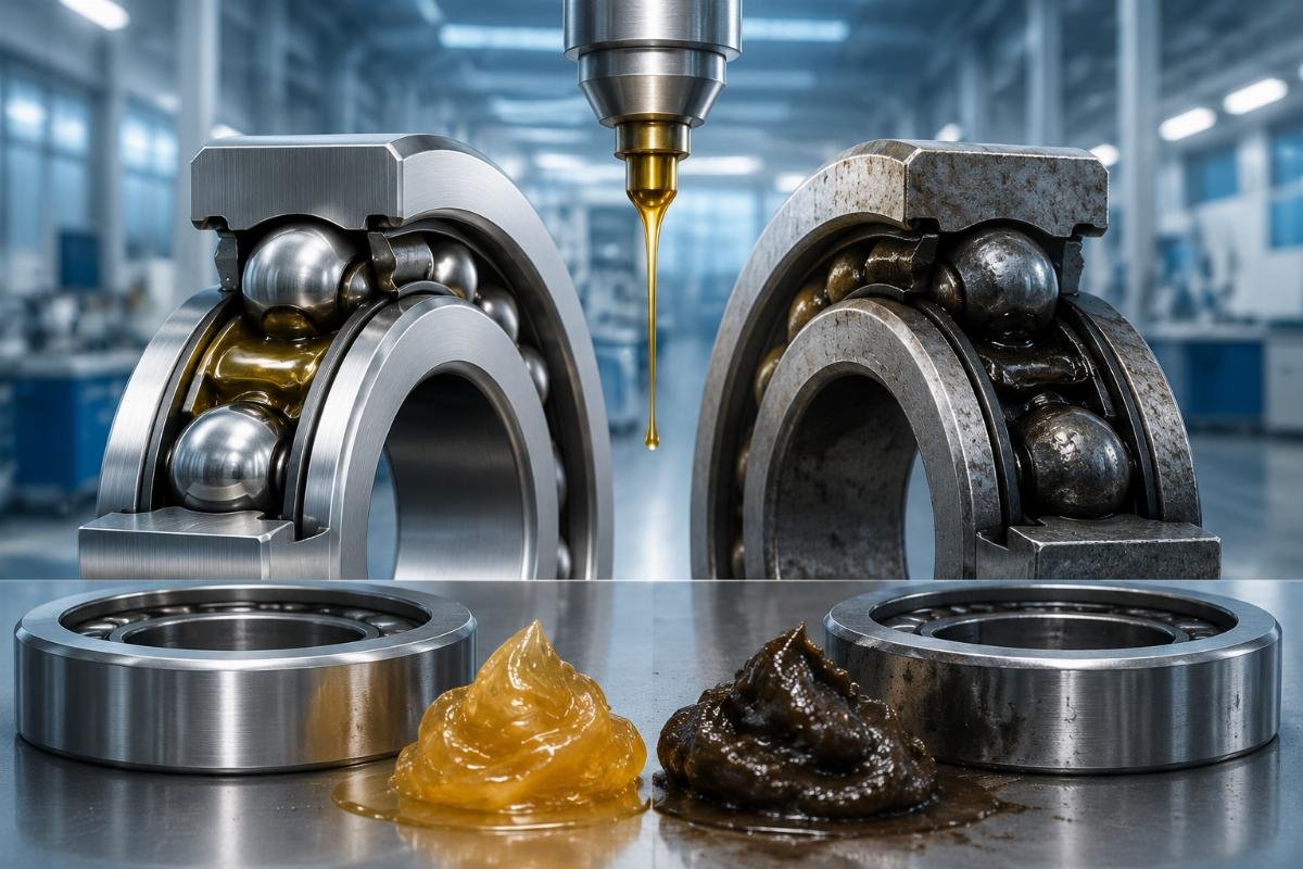 Genuine bearing material quality directly impacts lubrication performance and service life Industrial bearing lubrication process showing genuine vs counterfeit bearing cross-sections under lubrication