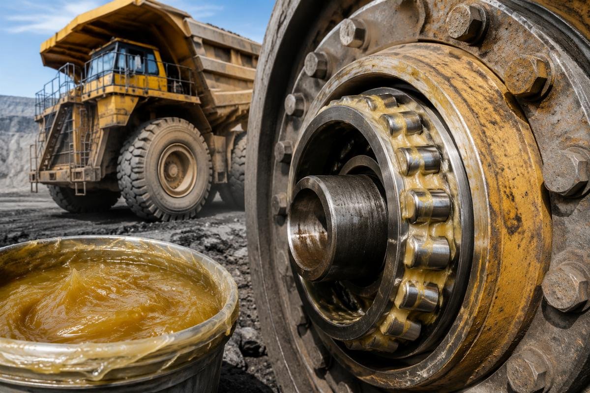 Grease-lubricated bearing installed in a mining haul truck wheel hub