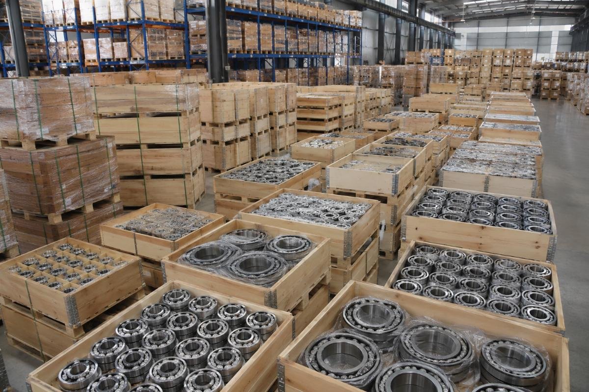 Warehouse facility with stacked crates of ready-to-ship mixed bearing SKUs for Indian market orders