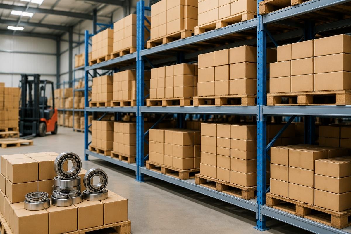 A warehouse shelf holding stacked boxes of in-stock 6200 series deep groove ball bearings