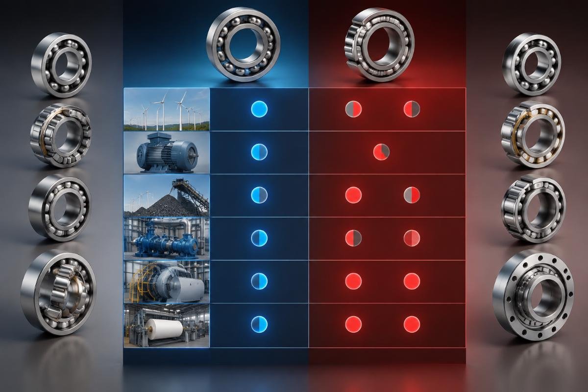 Industrial application map showing optimal brand selection by equipment type SKF vs FAG Application Suitability Matrix