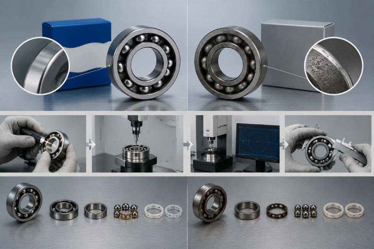 Key differences between genuine and aftermarket bearings including material composition, traceability documentation, and precision tolerances Genuine vs Counterfeit Bearing Detection Process