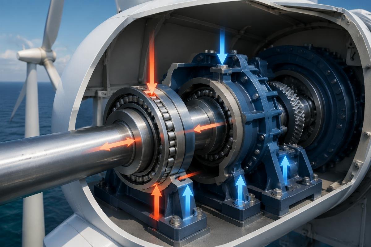 Main shaft bearing installation in wind turbine gearbox showing critical load paths Wind Turbine Bearing Application