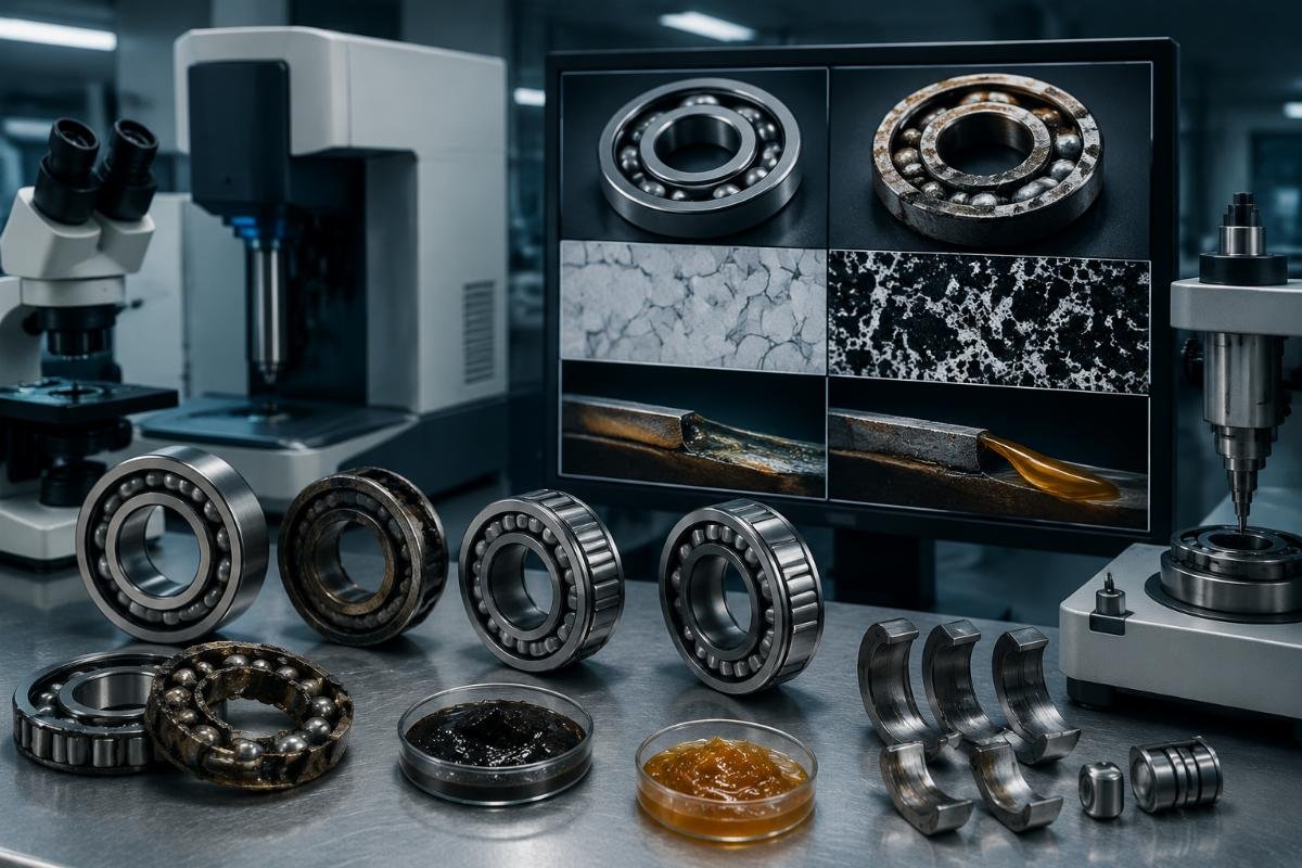 Metallurgical analysis showing lubricant interaction with bearing materials Bearing failure analysis comparison between counterfeit and genuine bearings under lubrication stress