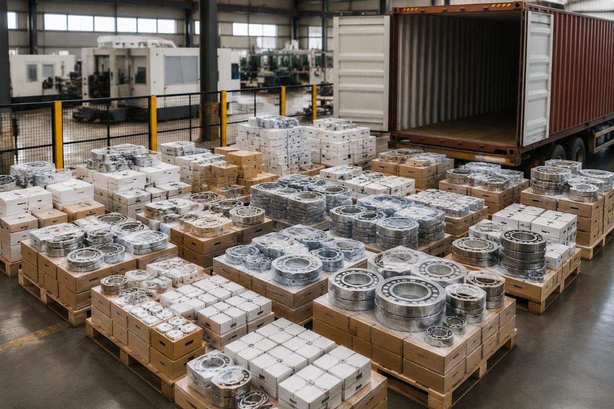 A consolidated shipment of mixed bearing SKUs ready for export