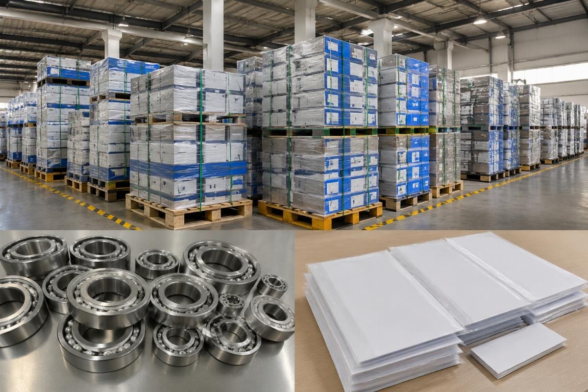 Pre-prepared bearing import documentation for ANZ Stacked pallets of labeled bearing SKUs in a Chinese export warehouse ready for shipment