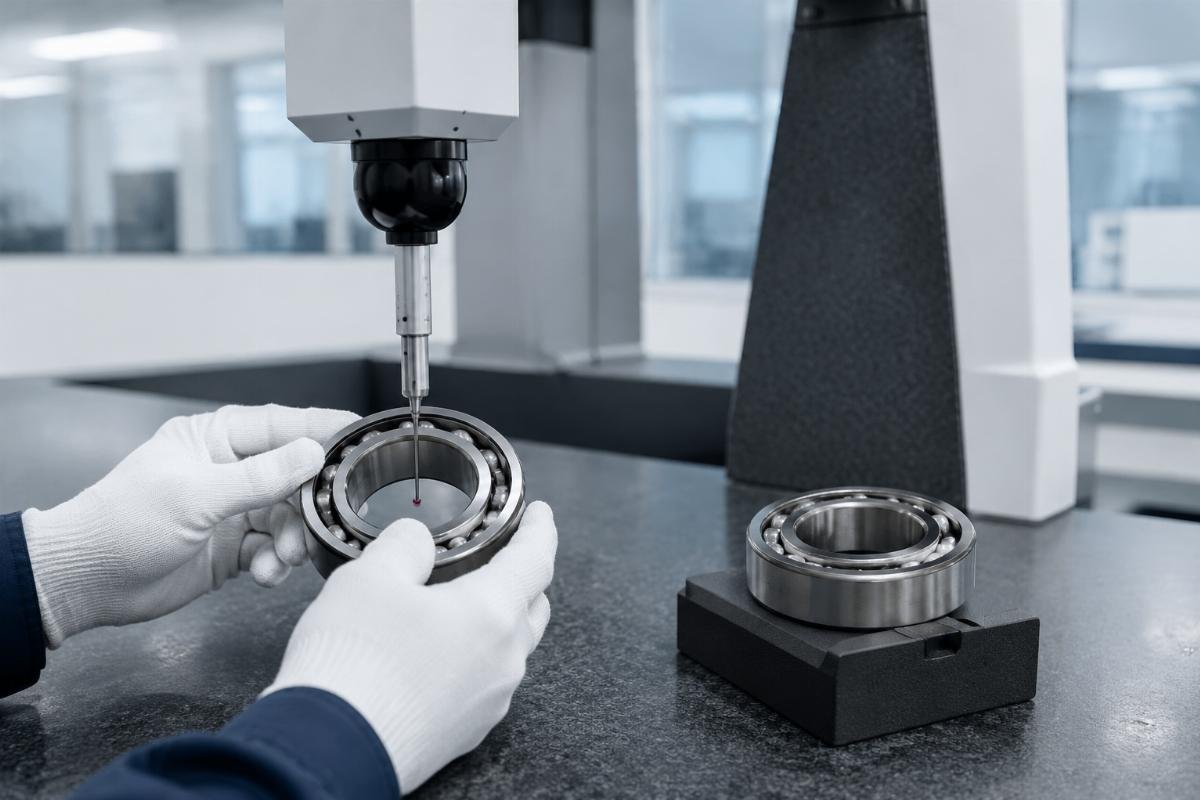 Precision measurement of bearing inner diameter showing tolerance differences between genuine and aftermarket products Bearing Dimensional Measurement Process