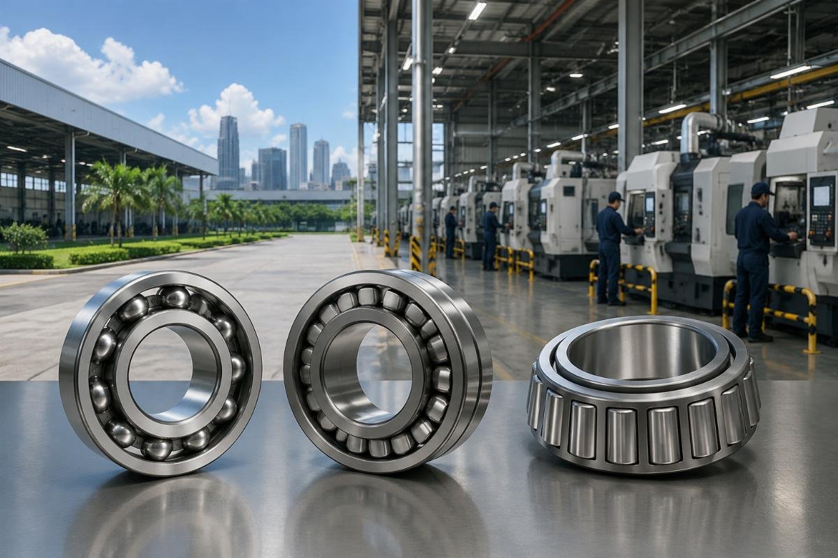 Southeast Asia high performance bearing sourcing guide Three common bearing types displayed against a Southeast Asian industrial facility backdrop