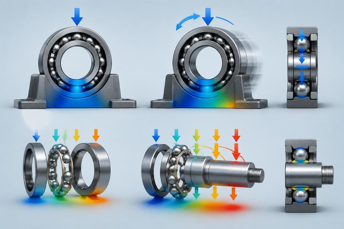 Static vs dynamic load distribution on bearing components Diagram showing load distribution on a stationary vs rotating bearing