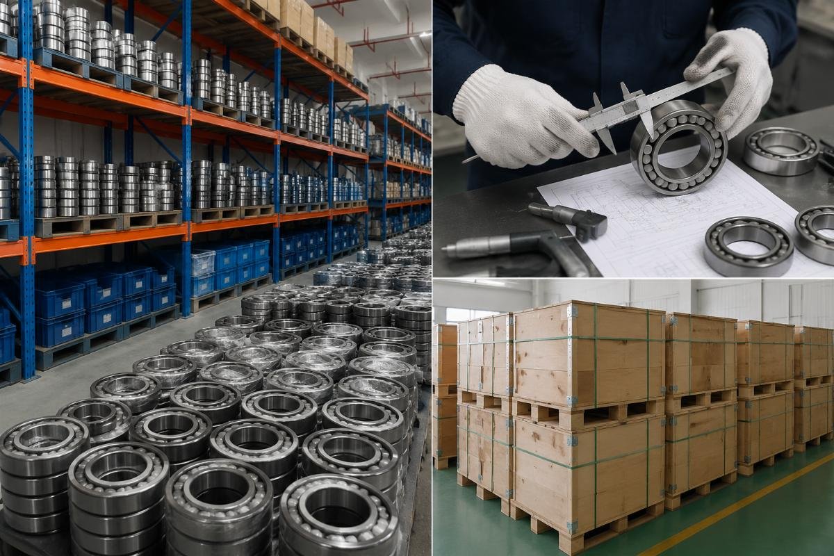 Warehouse bearing preservation for bulk China orders Bearing warehouse showing organized SKU racks and third-party inspection documentation